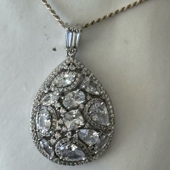 FZN 925 Sterling Silver Necklace w Filigree Teardrop Crystals Pendant 13" long - Picture 12 of 16